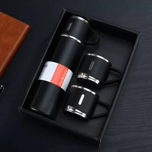 Vacuum Flask Travel Set with 3 Steel Cups