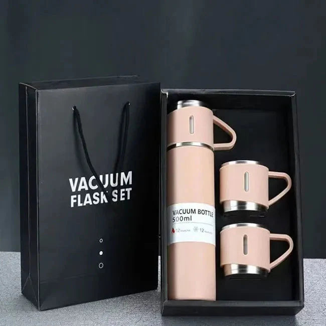 Vacuum Flask Travel Set with 3 Steel Cups